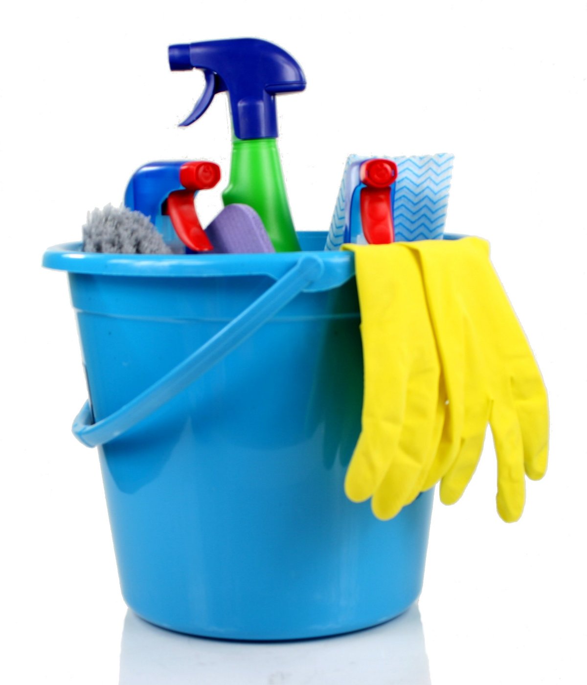 Blue bucket of cleaning supplies.